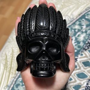 Stunning Carved Black Obsidian Indian Skull
